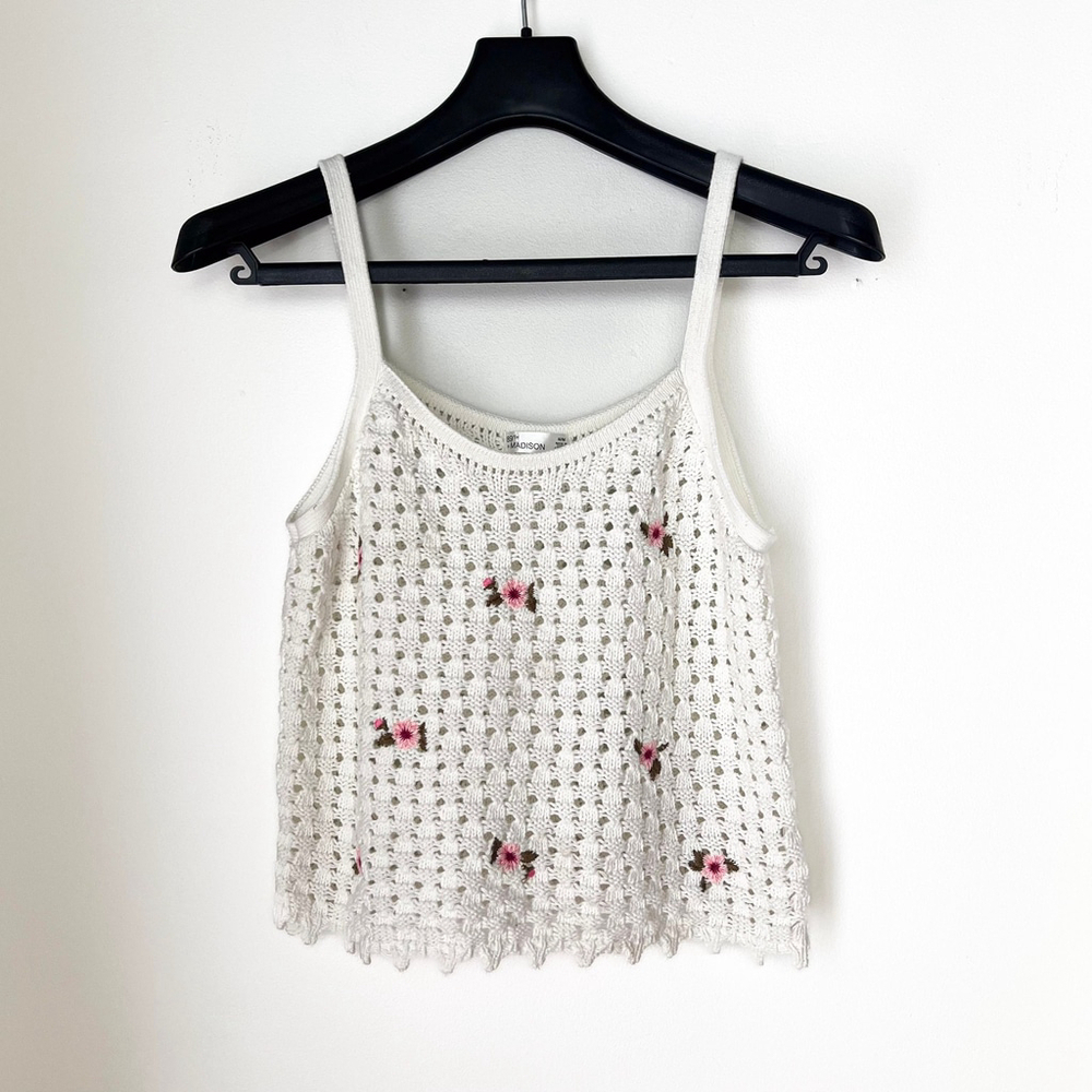 89th & Madison Cotton Crochet Camisole Tank Top White Floral Boho Grandmacore
